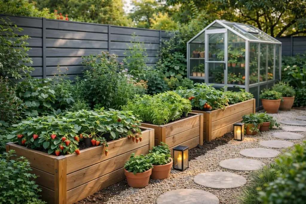 Moderner Garten im 16:9 Format mit drei rechteckigen Hochbeeten aus hellem Holz in klarer Linie angeordnet, bepflanzt mit Erdbeeren, Salat, Tomaten und Kräutern, davor große Terrakotta Töpfe mit Basilikum und Rosmarin, heller Kiesweg mit runden Trittsteinen, dezente Bodenlaternen mit warmem Licht sowie kompaktes Gewächshaus mit Glaswänden vor einem grauen Sichtschutzzaun, üppige grüne Bepflanzung im Hintergrund, ohne Personen.