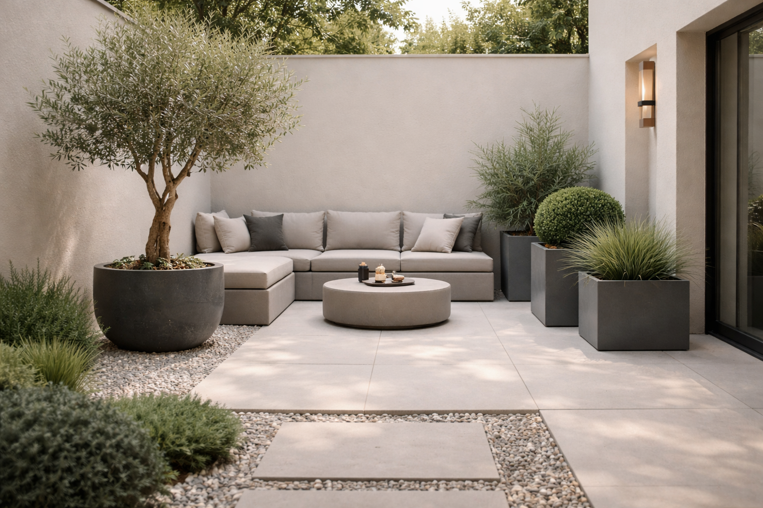 Hyperrealistische 16:9 Aufnahme eines minimalistischen Gartens mit klaren Linien und reduzierter Farbpalette in Beige, Grau und Grün, große anthrazitfarbene Pflanzkübel in Betonoptik mit Olivenbaum und Ziergräsern, großzügige helle Terrassenplatten mit Kiesfugen, schlichte L-förmige Sitzbank mit neutralen Kissen, aufgeräumte Architektur und viel freie Fläche, keine Personen.