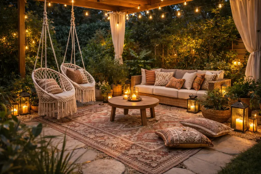 Boho inspirierter Garten im 16:9 Format mit überdachter Holzpergola, warmweißen Lichterketten und mehreren schwarzen Laternen mit LED Kerzen, zwei Makramee Hängesesseln mit gemusterten Kissen, Rattansofa mit Kissen in Terrakotta und Creme, rundem Holztisch auf großem gemusterten Outdoor Teppich, zusätzlichen Bodenkissen und üppiger, leicht wilder Bepflanzung im Hintergrund, stimmungsvolles Abendlicht, ohne Personen.