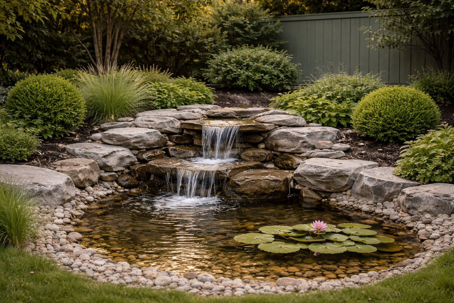 Hyperrealistische 16:9 Aufnahme eines gepflegten Gartens mit kleinem, kompaktem Naturstein-Wasserspiel, zwei sanften Wasserstufen und rundem Kiesbereich, dezent bepflanzt mit Ziergräsern und niedrig geschnittenen Sträuchern, ruhiger grüner Holzzaun im Hintergrund, klar strukturierte Beete und aufgeräumtes Gesamtbild, warmes Abendlicht, keine Personen.