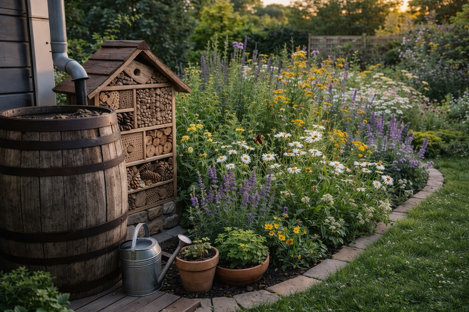 Nachhaltig gestalteter Garten im 16:9 Format mit großer Regentonne aus Holz am Haus, dekorativem Insektenhotel aus Naturmaterialien, üppigem Wildblumenbeet mit Lavendel, Margeriten und gelben Blüten, geschwungenem Beetrand aus Naturstein, kleiner Gießkanne und Terrakotta Töpfen im Vordergrund, weiches Abendlicht und naturnahe Atmosphäre, ohne Personen.