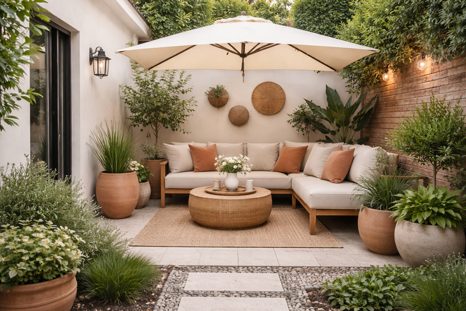 Hyperrealistische 16:9 Aufnahme einer harmonisch gestalteten Gartenterrasse mit klar abgestimmtem Farbkonzept in Beige, Weiß, Terrakotta und Grün, L-förmige Outdoor-Sofalandschaft mit terrakottafarbenen Kissen unter hellem Sonnenschirm, große Terrakotta- und Betonpflanzkübel mit üppigem Grün, runder Rattan-Couchtisch auf Naturfaserteppich, dezente Lichterkette und gepflegte Pflanzen im Hintergrund, keine Personen.