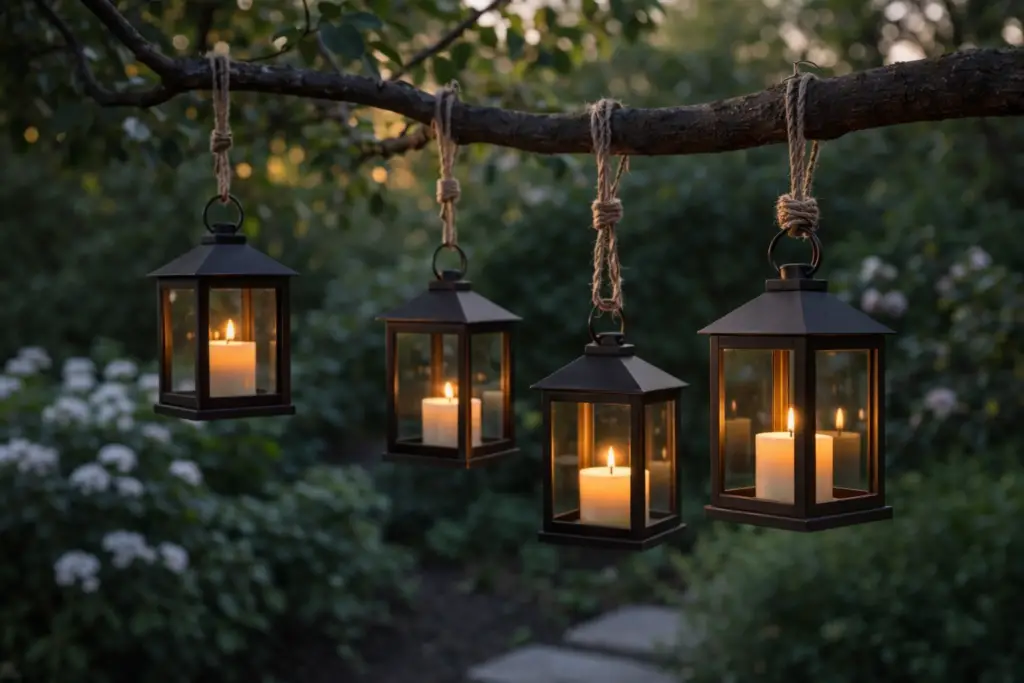 Hyperrealistische 16:9 Aufnahme von vier schwarzen Metalllaternen mit Glasflächen, die an dicken Naturseilen an einem Baumast im gepflegten Garten hängen, warm leuchtende Kerzen im Inneren, weiches Abendlicht, dezente Blüten und sattes Grün im unscharfen Hintergrund, ruhige und bewusst gesetzte Dekoration, keine Personen.