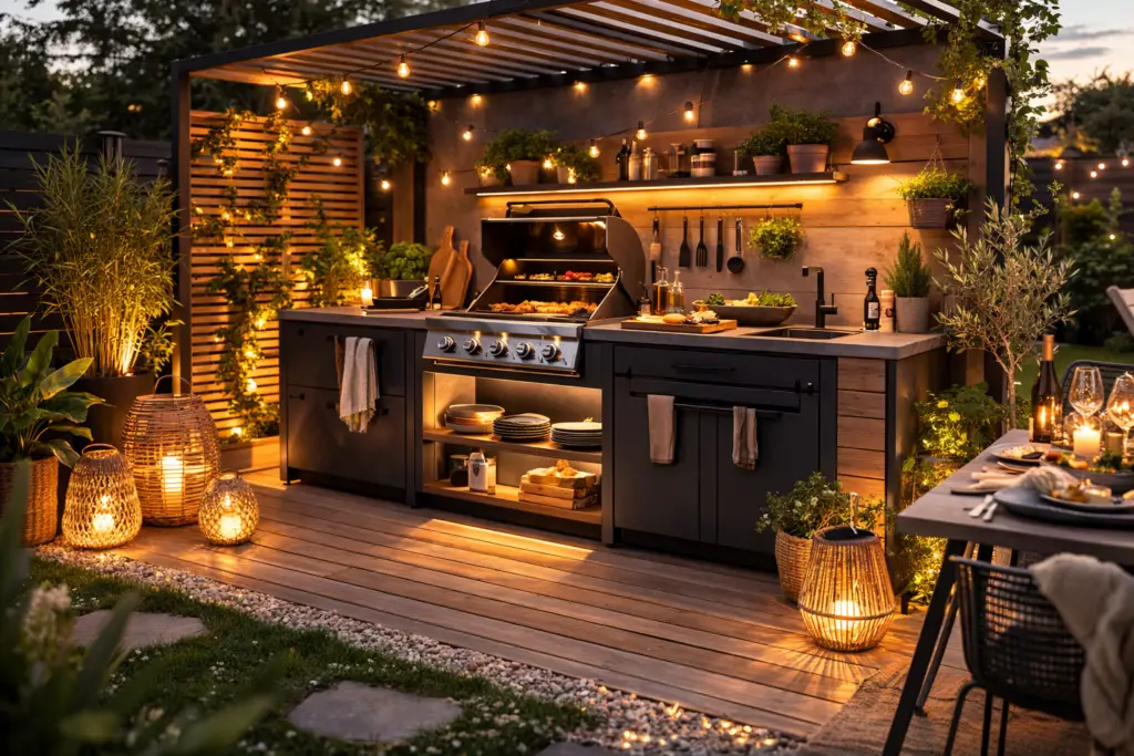 Moderne Outdoor Küche im 16:9 Format mit L förmiger Küchenzeile aus Holz und dunklen Fronten, integriertem Gasgrill mit Deckel, beleuchteten Regalen und Arbeitsfläche, warmweißen Lichterketten unter einer Pergola, dekorativen Laternen am Boden, Steinplatten als Terrassenbelag sowie gedecktem Esstisch im Hintergrund, stimmungsvolles Abendlicht im Garten, ohne Personen.