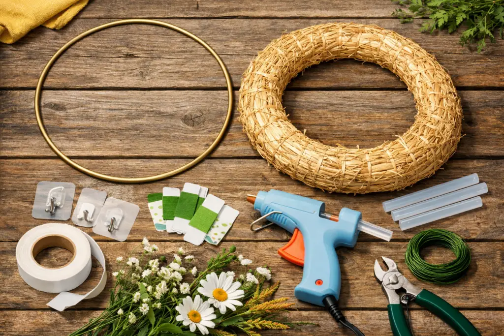 Sommerliche DIY Szene mit Materialien für einen Türkranz auf hellem Holztisch. Zu sehen sind ein Metallring, eine Strohbasis, Klebehaken, floraler Draht, eine Niedrigtemperatur Heißklebepistole mit Klebesticks sowie frische Blumen und Grünzweige, arrangiert in warmem, natürlichem Licht.