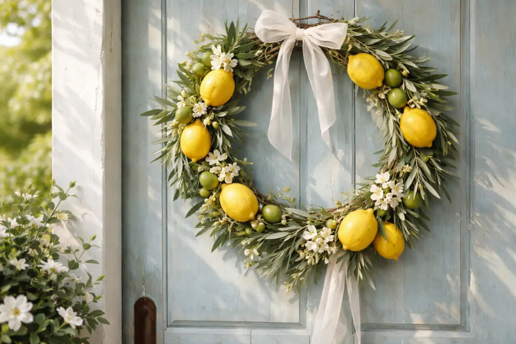Hyperrealistischer sommerlicher Türkranz im mediterranen Stil an einer hellblauen Holztür, gestaltet aus einem natürlichen Ring mit locker verteilten gelben Zitronen, grünen Olivenzweigen, kleinen cremefarbenen Blüten und einem weichen weißen Stoffband, warmes Sonnenlicht sorgt für eine leichte, luftige Urlaubsstimmung.