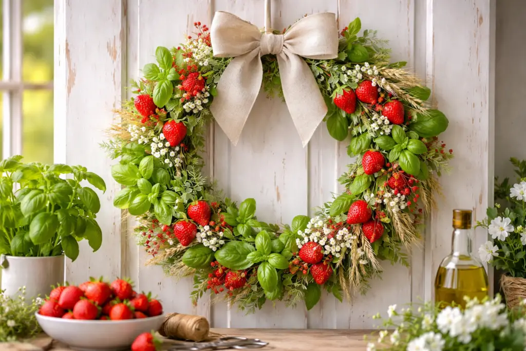 Hyperrealistischer Sommer Türkranz in organischer, leicht asymmetrischer Form mit frischem Basilikum, kleinen weißen Blüten und punktuell gesetzten roten Erdbeeren und Trockenblüten, ergänzt durch eine große Schleife aus hellem Leinen, arrangiert an einer hellen Holztür mit warmem, natürlichem Licht und dezenten Küchenaccessoires im Vordergrund.