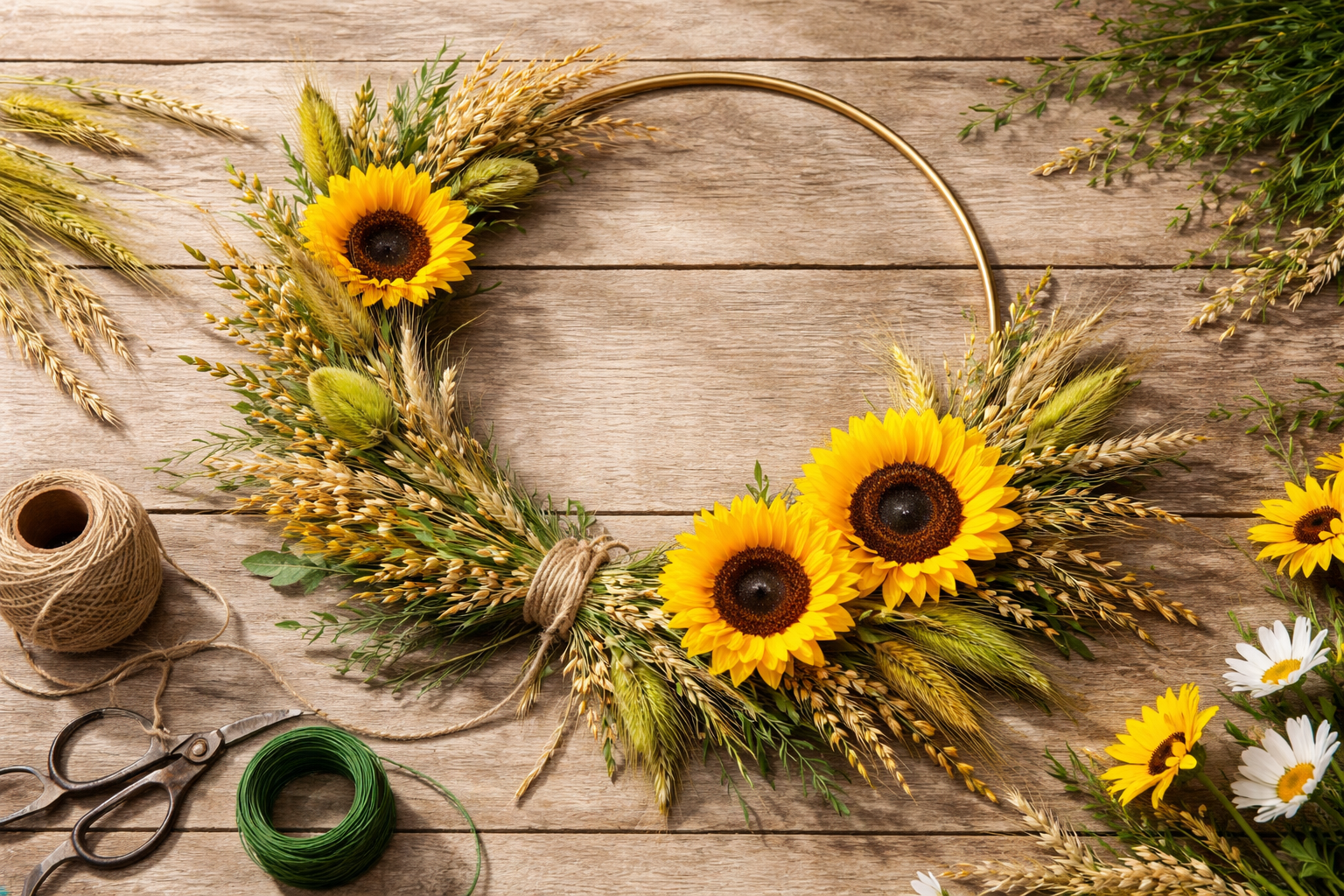 Sommerlicher Türkranz aus Sonnenblumen und luftigen Gräsern auf einem hellen Holztisch. Der Kranz besteht aus einem schlichten Metallring, an dem locker gebundene Bündel aus Weizen, Hafer und Wiesengräsern mit wenigen großen Sonnenblumen befestigt sind. Daneben liegen Draht, Schere und Naturmaterialien in warmem, goldenem Licht.