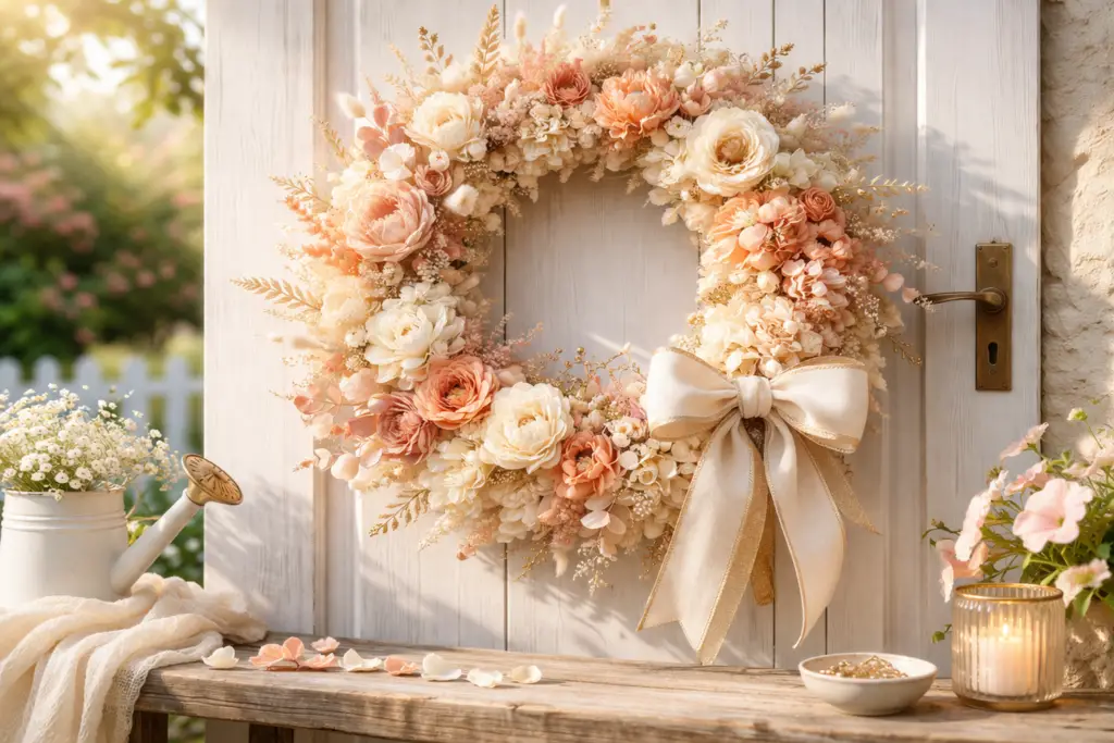 Hyperrealistischer Sommer Türkranz in sanften Pfirsich, Creme und warmen Rosé Nuancen, üppig mit Trockenblumen und zarten Blüten in unterschiedlichen Abstufungen gestaltet, ergänzt durch feine goldene Details und eine elegante Schleife in hellem Beige, arrangiert an einer salbeigrünen Tür im warmen, weichen Abendlicht mit ruhiger, stilvoller Atmosphäre.