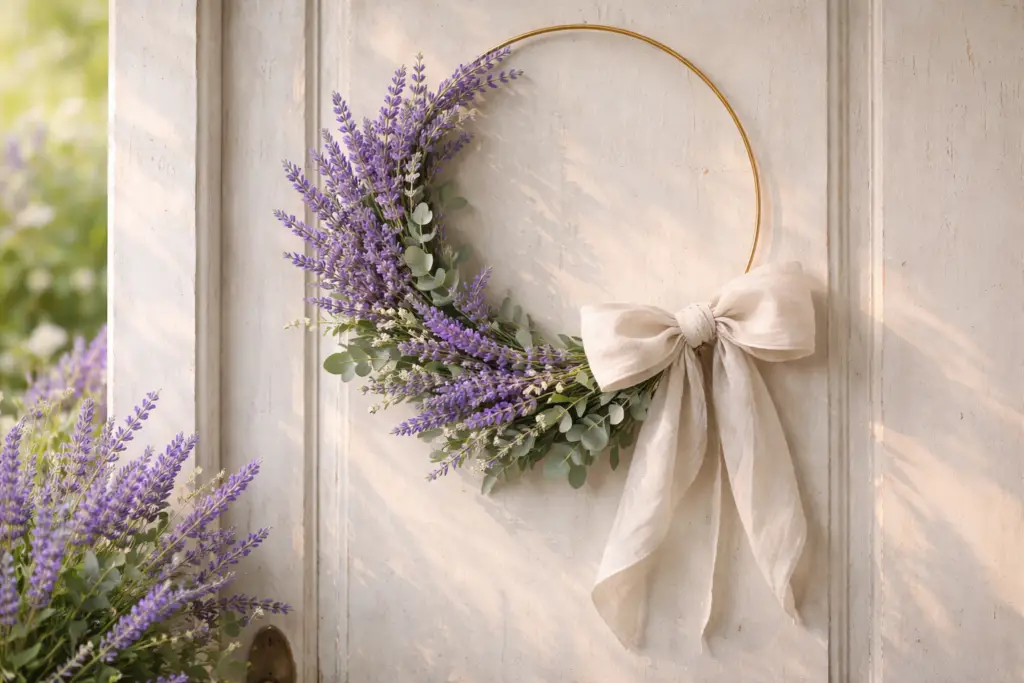 Hyperrealistischer sommerlicher Türkranz im Provence Stil an einer hellen Holztür, gestaltet aus einem feinen goldenen Metallring mit halbseitig arrangierten Lavendelzweigen und matten Eukalyptusblättern, ergänzt durch eine große Schleife aus hellem Leinen in Beige, weiches Sonnenlicht erzeugt eine ruhige, entspannte Sommeratmosphäre.