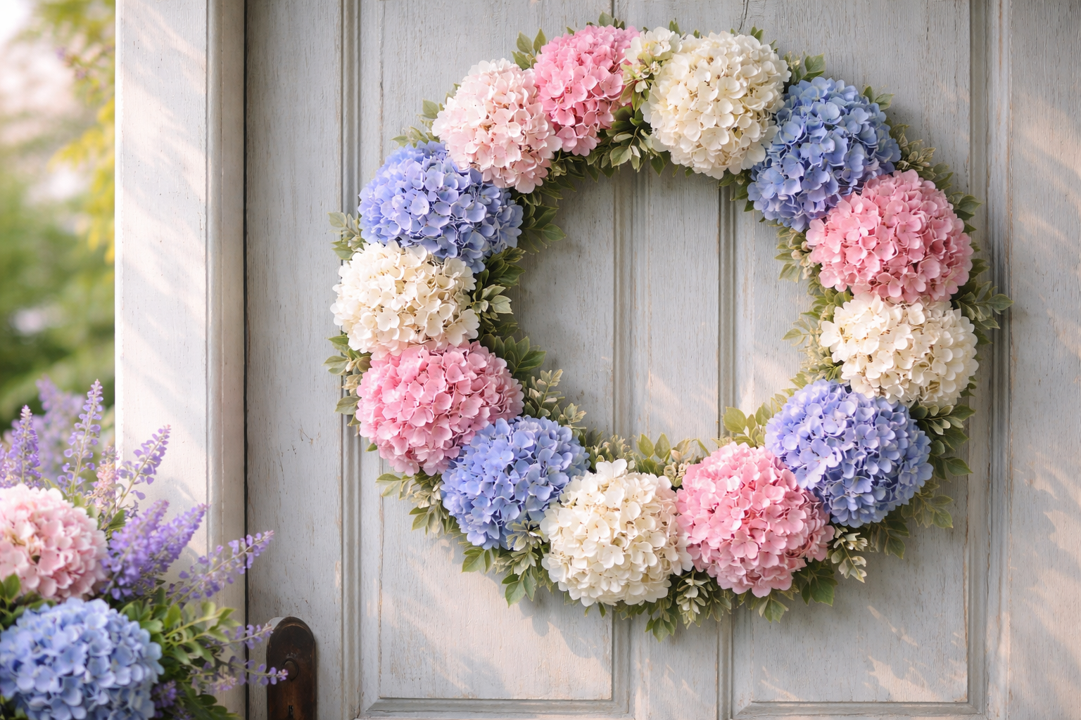 Hyperrealistischer sommerlicher Türkranz aus dicht gesetzten Hortensienblüten in Weiß, Rosa und zartem Blau an einer hellen Holztür, üppig und lückenlos arrangiert mit frischen grünen Blättern, weiches Sonnenlicht unterstreicht die volle, blütenreiche Sommeroptik.