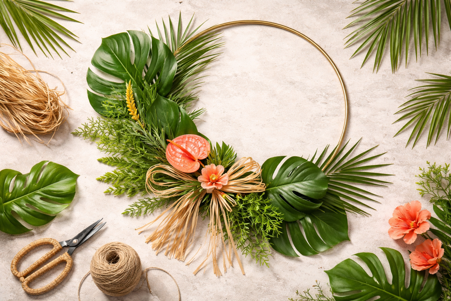 Moderner Sommer Türkranz mit tropischen Blättern auf hellem Untergrund. Ein schlichter Ring ist asymmetrisch mit großen Monstera und Palmenblättern dekoriert, ergänzt durch eine lockere Raffia Schleife in Naturtönen und dezente korallfarbene Akzente. Die luftige Anordnung wirkt minimalistisch und erinnert an ein stilvolles Boutique Hotel Ambiente.