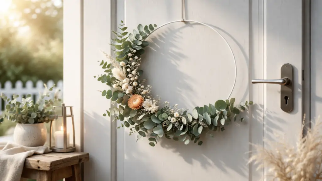 Hyperrealistischer, minimalistischer Eukalyptus Halbkranz auf einem schlichten schwarzen Metallring, nur teilweise dekoriert mit matten grünen Blättern, feinen cremefarbenen Trockenblüten und einem einzelnen apricotfarbenen Akzent, aufgehängt an einer modernen dunkelgrau blauen Tür mit warmem, weichem Sonnenlicht und ruhiger, natürlicher Atmosphäre.