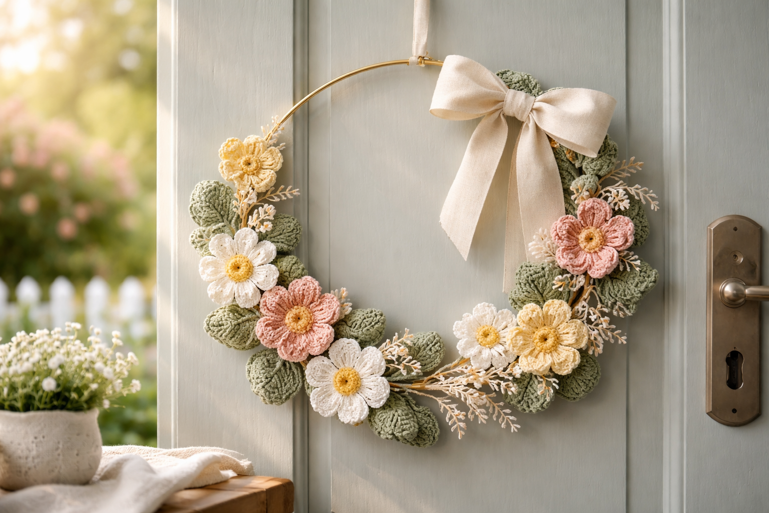 Hyperrealistischer Sommer Türkranz in moderner, leicht verspielter Optik mit einem schlichten Ring, dekoriert mit handgehäkelten Blüten und kleinen Blättern in Creme, Salbeigrün, Buttergelb und zartem Altrosa, kombiniert mit einem weichen Stoffband, arrangiert an einer hellen Tür mit sanftem Tageslicht und natürlicher, ruhiger Atmosphäre.