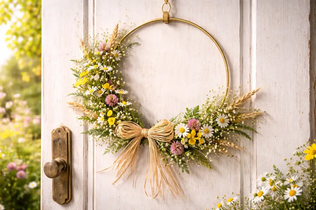 Sommerlicher Türkranz im Wiesenlook an einer hellen Holztür befestigt. Ein schlichter Metallring ist asymmetrisch mit kleinen Wildblumen, Gräsern und zarten Blüten in Weiß, Gelb und Rosa dekoriert. Die locker gebundenen Sträußchen wirken wie zufällig gewachsen und werden durch eine natürliche Raffia Schleife ergänzt.