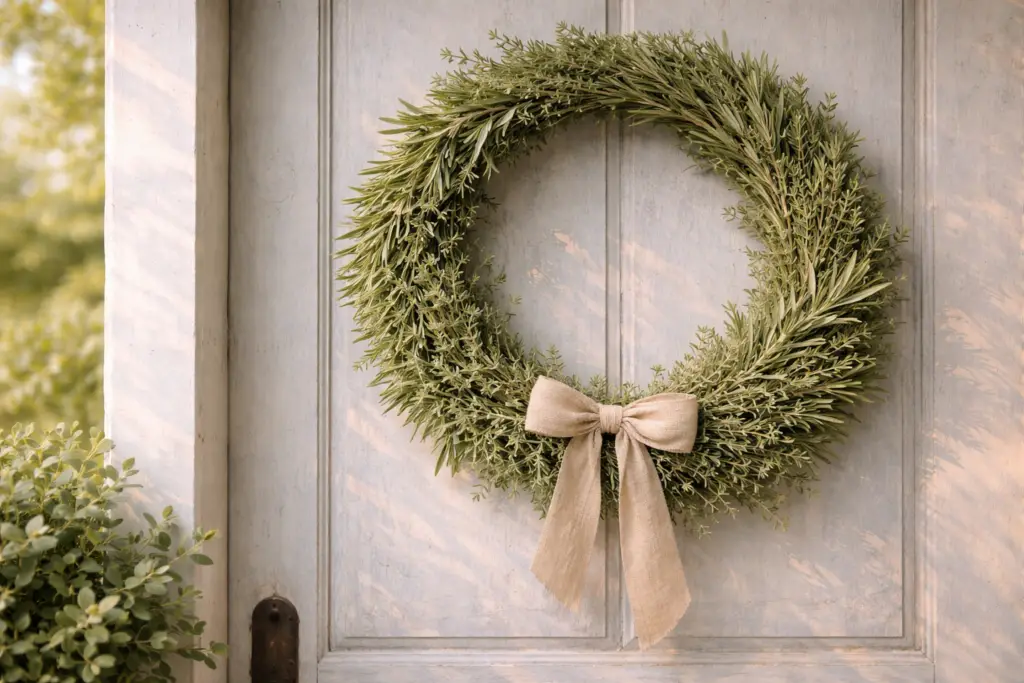 Hyperrealistischer sommerlicher Türkranz aus Rosmarin, Thymian und Olivenzweigen an einer hellen, leicht verwitterten Holztür, dicht gebunden in verschiedenen Grüntönen mit feiner Struktur, ergänzt durch eine schlichte Schleife aus naturfarbenem Leinenband, warmes Sonnenlicht sorgt für eine ruhige mediterrane Atmosphäre.