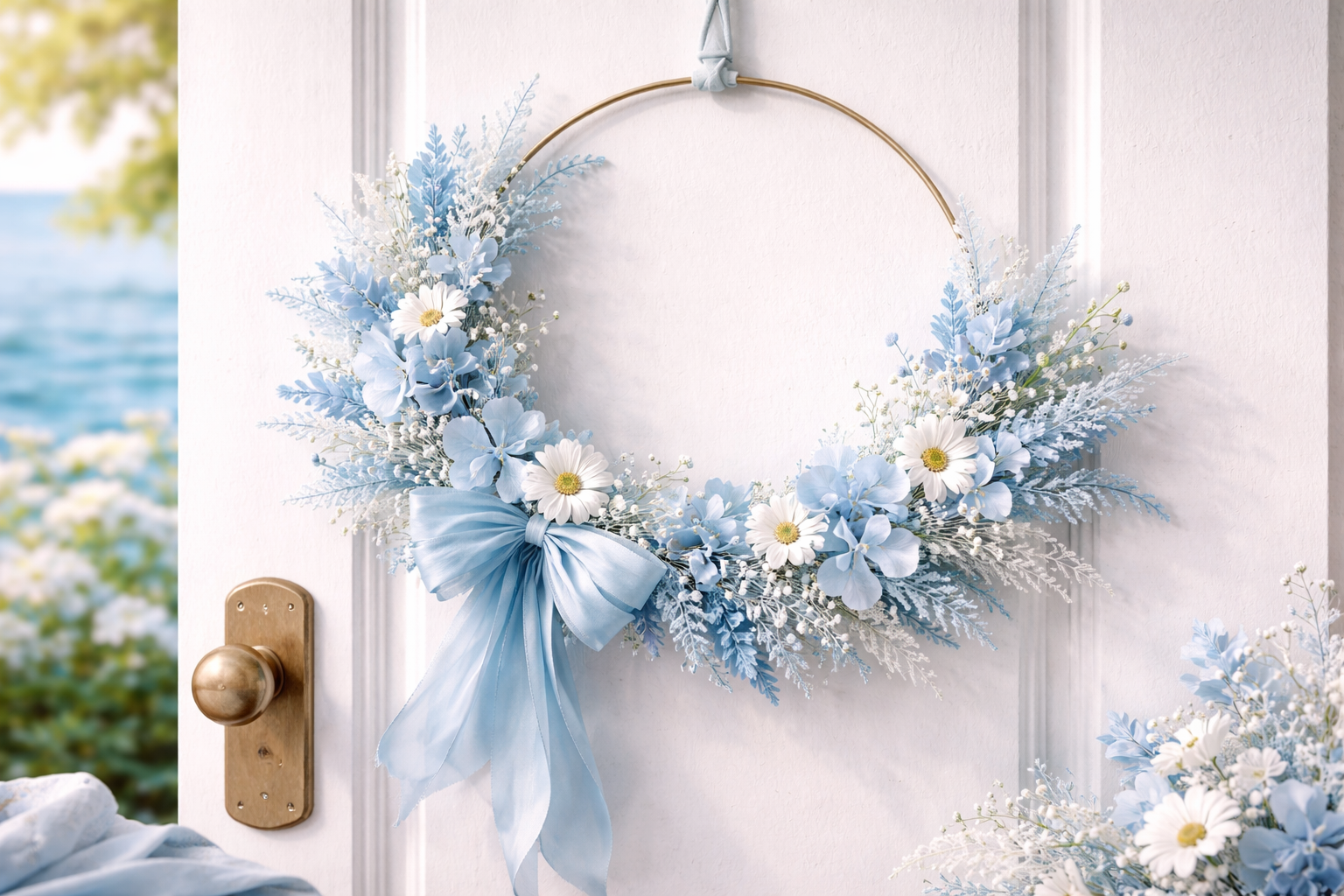 Eleganter Sommer Türkranz in kühlen Blautönen an einer hellen Tür. Ein filigraner Metallring ist asymmetrisch mit zarten blauen und weißen Blüten, feinen Zweigen und luftigen Elementen dekoriert. Eine weiche Schleife in Eisblau rundet das Design ab und erinnert an frisches Poolwasser.