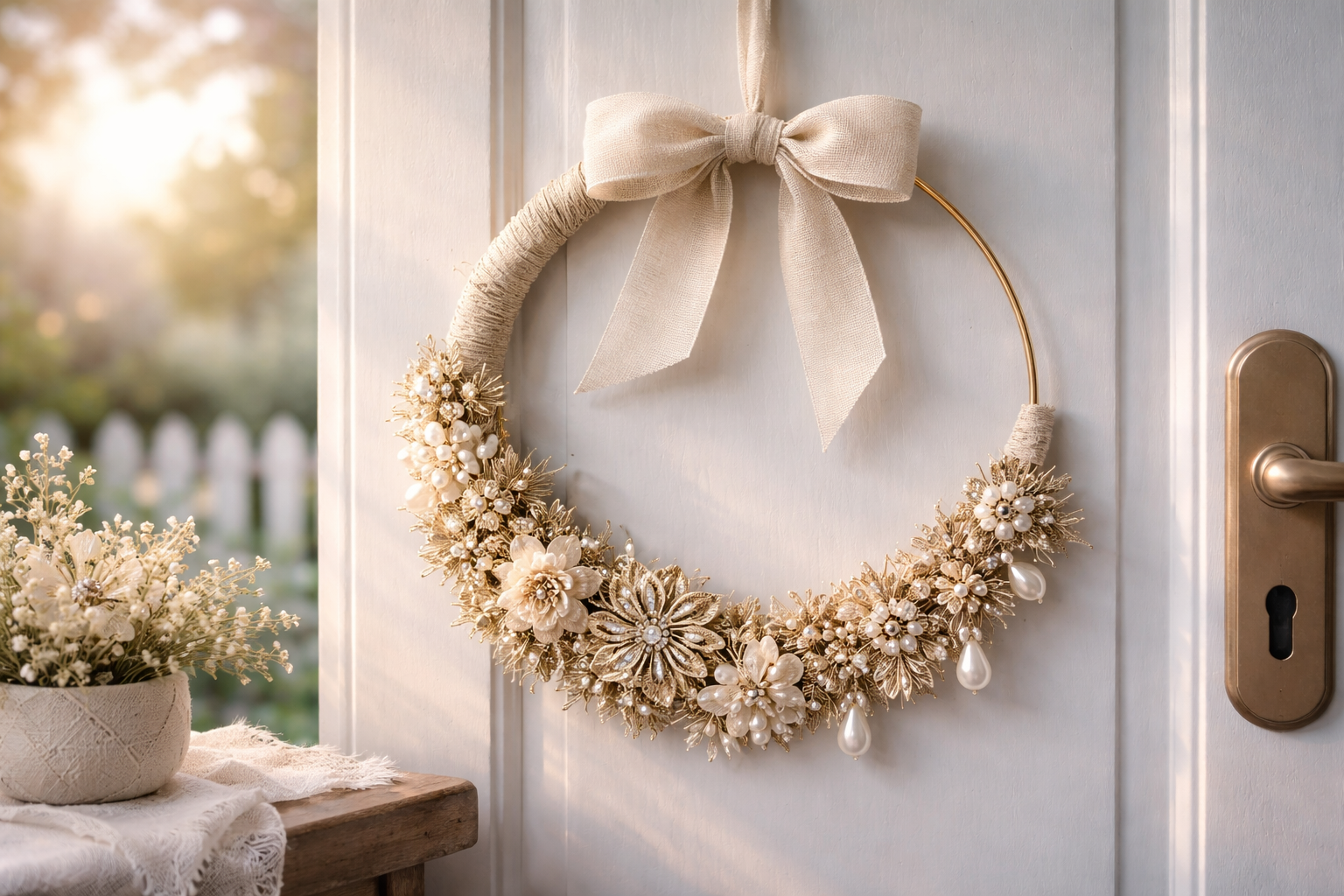 Hyperrealistischer Sommer Türkranz mit Vintage Schmuck auf einem mit Leinenband umwickelten Ring, einseitig dekoriert mit filigranen goldfarbenen Broschen, Perlen und floralen Schmuckelementen, ergänzt durch eine große Schleife in hellem Naturton, inszeniert an einer hellen Tür im warmen Sonnenlicht mit eleganter, leicht nostalgischer Atmosphäre.