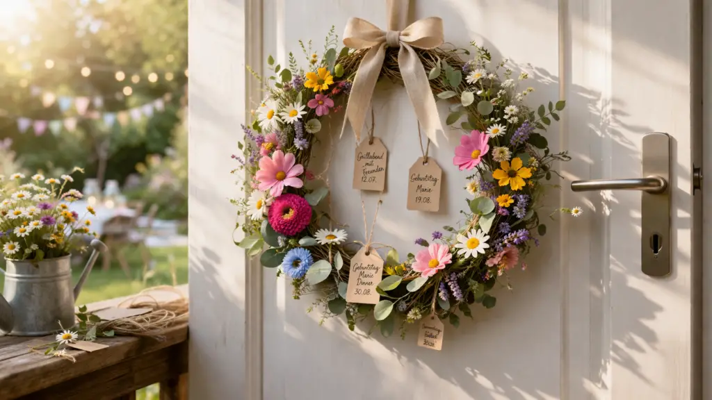 Hyperrealistischer Sommer Türkranz in lebendiger Gartenparty Optik mit bunten Blumen in Pink, Gelb, Weiß und Lila sowie frischem Grün, ergänzt durch kleine hängende Anhänger aus Kraftpapier mit handgeschriebenen Daten und Namen, befestigt an einer hellen Tür mit warmem Sonnenlicht und sommerlicher Gartenatmosphäre im Hintergrund.