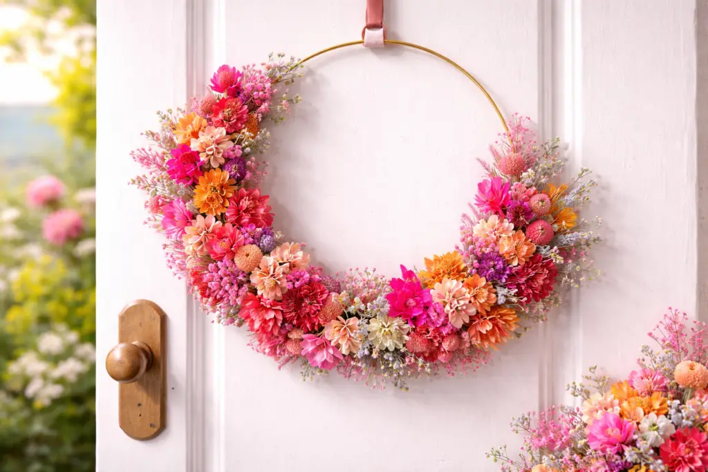 Moderner Sommer Türkranz an einer hellen Tür mit dicht gearbeiteten Trockenblumen in kräftigen Pink, Koralle und warmen Orangetönen. Die Blüten sind harmonisch um den unteren Teil eines schlichten Metallrings angeordnet und wirken hochwertig, lebendig und Pinterest inspiriert.