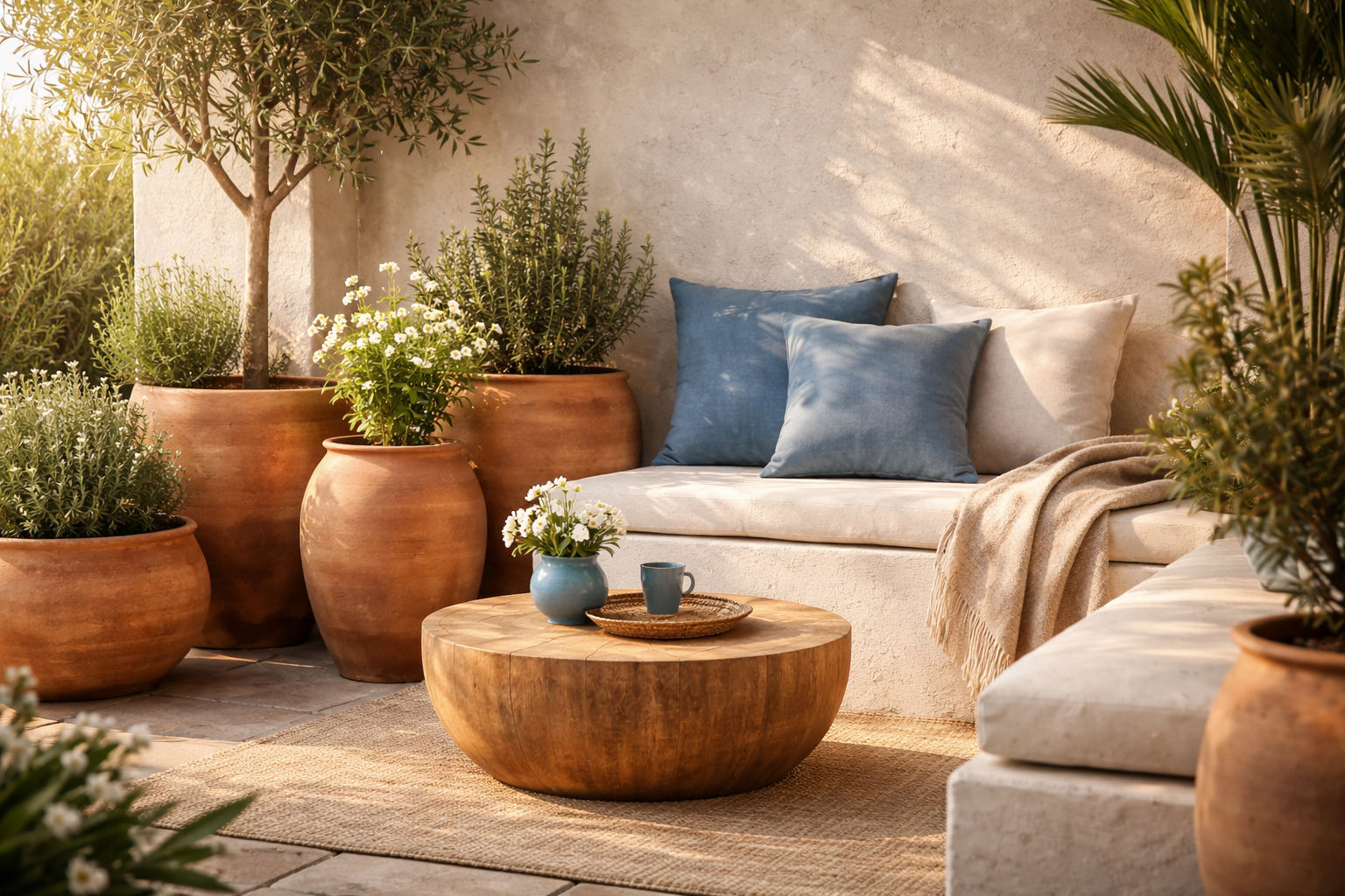 Sonnige, mediterran inspirierte Terrasse mit einer modernen Sitzecke aus hellem Putz und neutralen Polstern. Mehrere große Terrakotta-Töpfe mit grünen Pflanzen umrahmen den Bereich, während staubig blaue Kissen und passende Keramik-Accessoires auf einem runden Holztisch für ruhige Farbakzente sorgen. Die Szene wirkt warm, minimalistisch und erinnert an eine stilvolle Urlaubsoase im Freien.