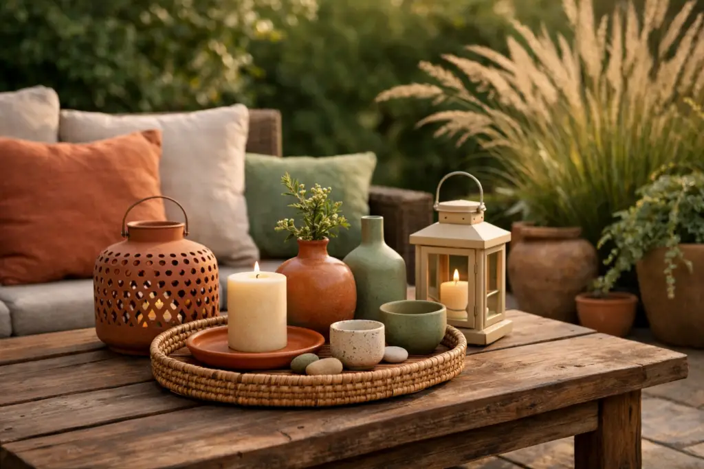 Gemütliche Gartenszene im warmen Abendlicht mit Holztisch, dekoriertem Tablett, Keramikvasen, Laternen und Kissen in Beige, Terrakotta und Salbeigrün, harmonisch aufeinander abgestimmt und von Pflanzen umgeben.