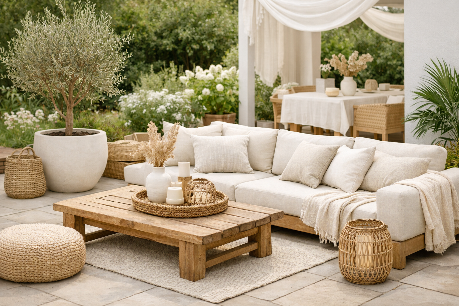 Stilvoller Garten-Loungebereich in soften Weiß- und Cremetönen mit Holz-Couchtisch, Leinenkissen, Bast-Accessoires und großen Pflanzkübeln, umgeben von üppigem Grün und ruhiger, natürlicher Atmosphäre.