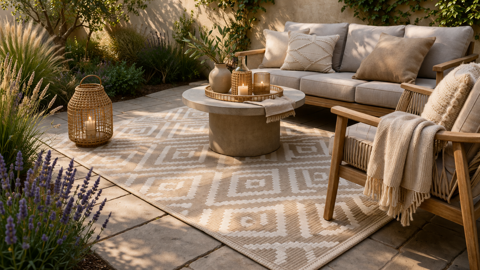 Gemütlicher Outdoor-Wohnbereich mit großem gemustertem Teppich in Creme- und Sandtönen, darauf stehende Loungemöbel mit weichen Kissen, runder Tisch und Laternen, umgeben von üppigen Pflanzen auf einer Holzterrasse.