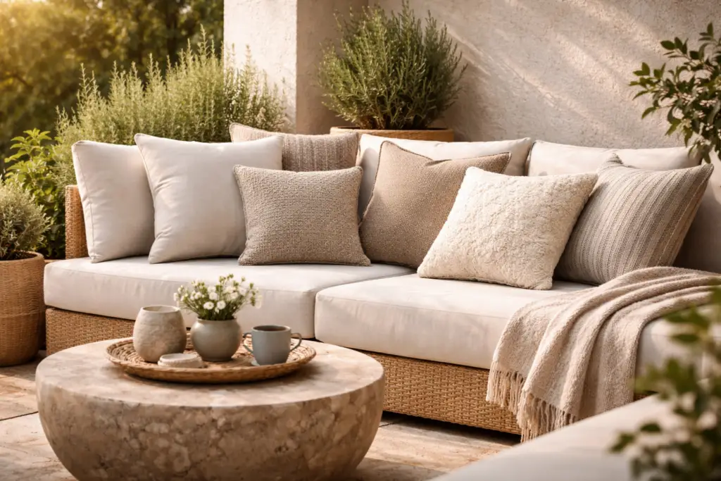 Gemütlicher Outdoor-Wohnbereich mit großem gemustertem Teppich in Creme- und Sandtönen, darauf stehende Loungemöbel mit weichen Kissen, runder Tisch und Laternen, umgeben von üppigen Pflanzen auf einer Holzterrasse.