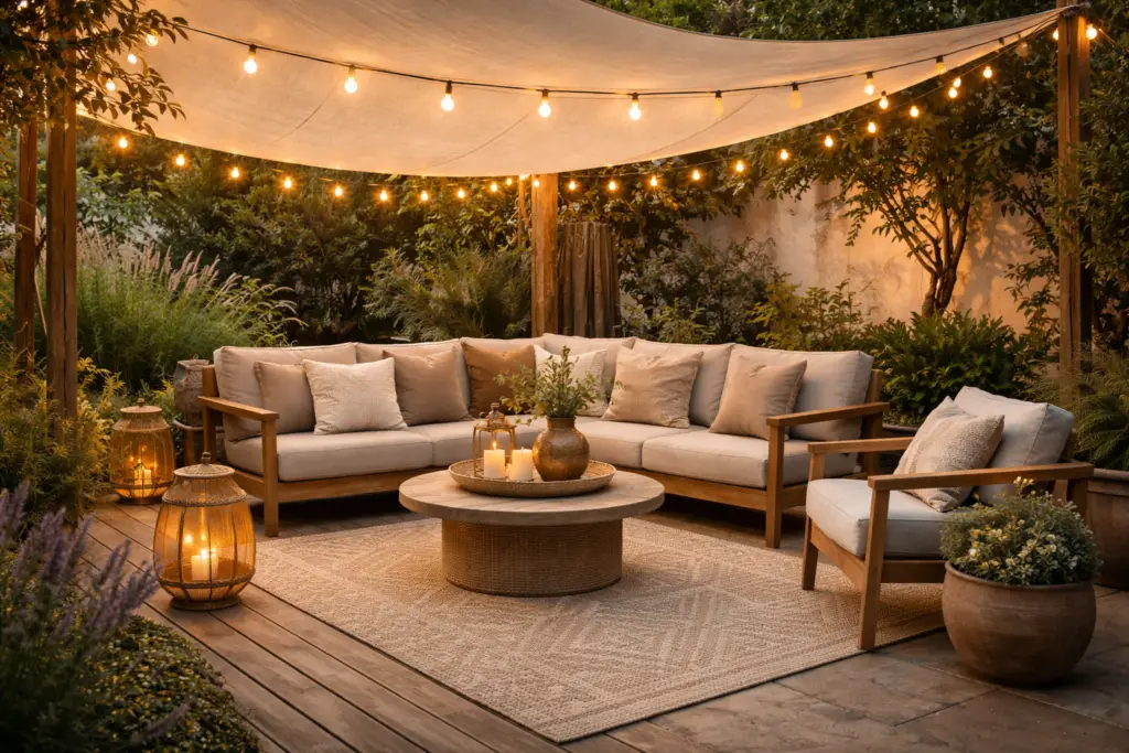 Gemütliche Gartenlounge mit cremefarbenem Sonnensegel und warmen Lichterketten, darunter eine Holzsitzgruppe mit hellen Polstern, runder Couchtisch mit Keramikdeko und Laternen, umgeben von üppigen Pflanzen im sanften Abendlicht.