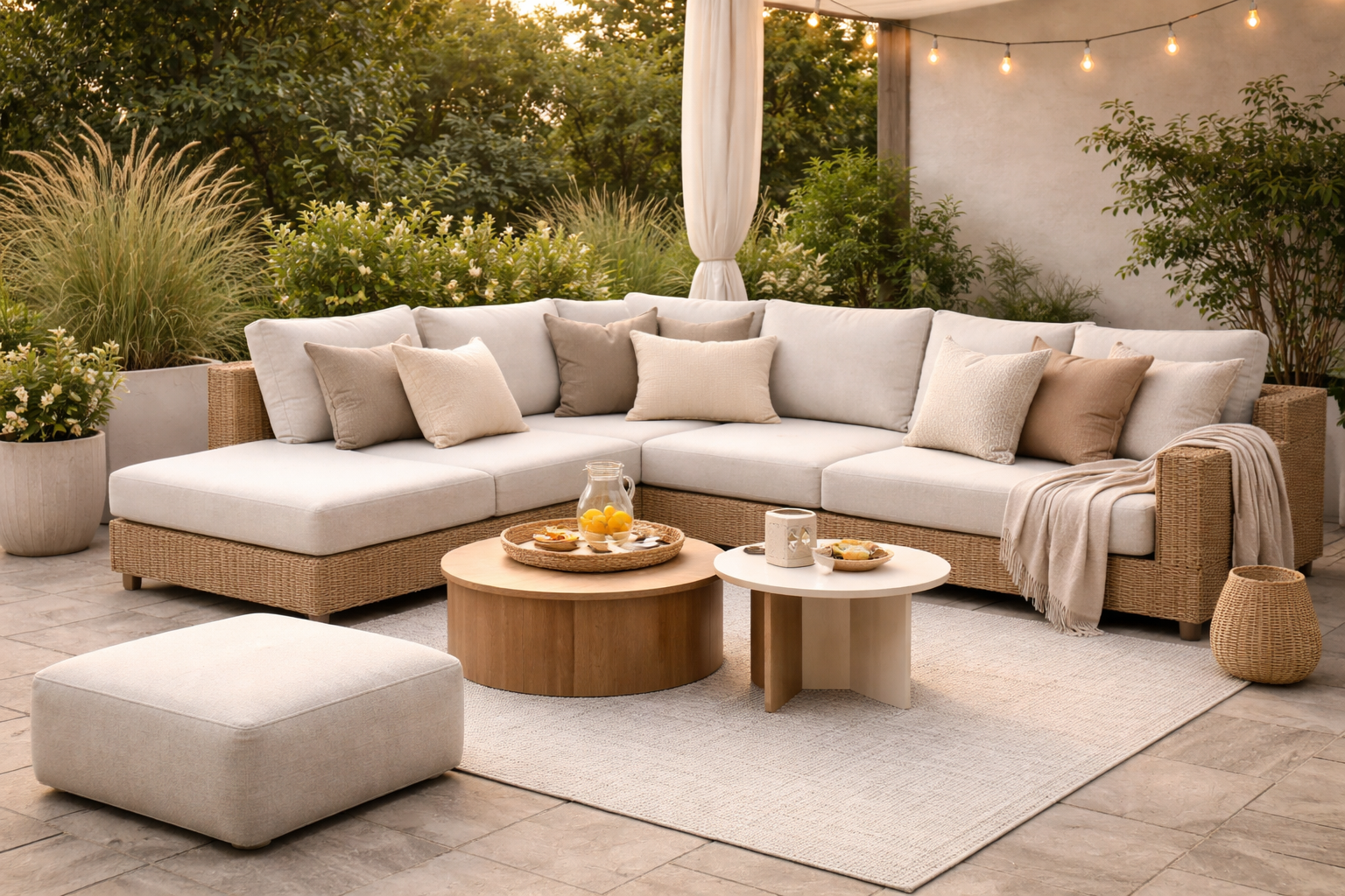 Moderner Garten-Loungebereich mit modular aufgebautem, L-förmigem Sofa in neutralen Beige- und Naturtönen, flexiblen Beistelltischen und schlichten Textilien, umgeben von Pflanzen und warmem, ruhigem Licht.