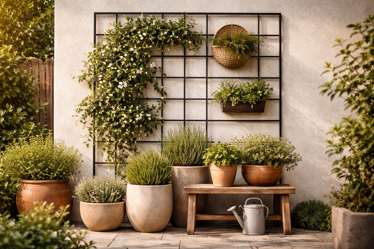 Modern gestaltete Gartenwand mit schwarzem Rankgitter als dekoratives Element. Daran wachsen rankende Pflanzen in mehreren Ebenen, ergänzt durch hängende Körbe und schlichte Wanddeko. Am Boden stehen Terrakotta- und Keramiktöpfe mit Kräutern und Grünpflanzen, teilweise auf einer Holzbank platziert. Die Kombination aus klaren Linien, natürlichen Materialien und lebendigem Grün schafft eine stilvolle, boutique-inspirierte Outdoor-Ecke.