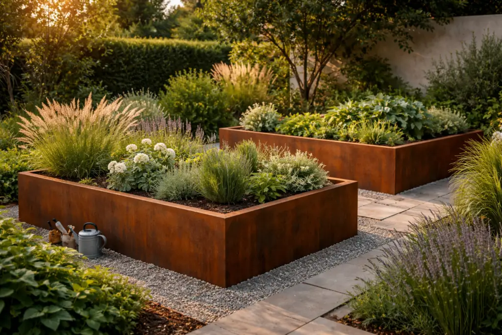 Modern gestaltete Gartenwand mit schwarzem Rankgitter als dekoratives Element. Daran wachsen rankende Pflanzen in mehreren Ebenen, ergänzt durch hängende Körbe und schlichte Wanddeko. Am Boden stehen Terrakotta- und Keramiktöpfe mit Kräutern und Grünpflanzen, teilweise auf einer Holzbank platziert. Die Kombination aus klaren Linien, natürlichen Materialien und lebendigem Grün schafft eine stilvolle, boutique-inspirierte Outdoor-Ecke.