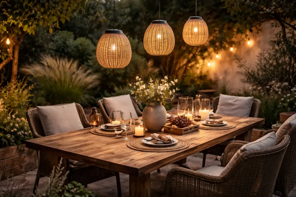 Stimmungsvoller Garten-Essbereich am Abend mit Holztisch und gedecktem Tisch, darüber mehrere Solar-Hängeleuchten in unterschiedlichen Höhen, die warmes Licht spenden, umgeben von Pflanzen und gemütlichen Sitzmöbeln.