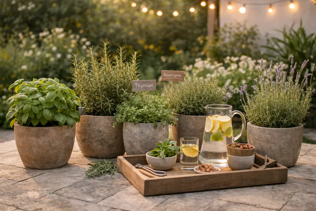 Stimmungsvoller Garten-Essbereich am Abend mit Holztisch und gedecktem Tisch, darüber mehrere Solar-Hängeleuchten in unterschiedlichen Höhen, die warmes Licht spenden, umgeben von Pflanzen und gemütlichen Sitzmöbeln.