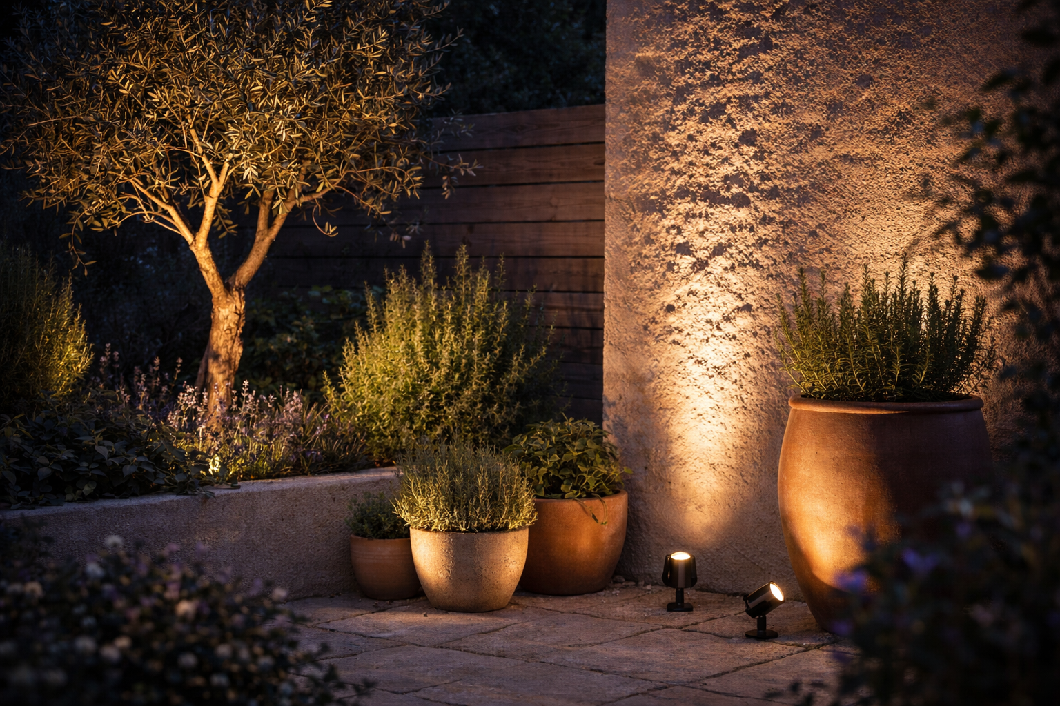 Stimmungsvoller Garten-Essbereich am Abend mit Holztisch und gedecktem Tisch, darüber mehrere Solar-Hängeleuchten in unterschiedlichen Höhen, die warmes Licht spenden, umgeben von Pflanzen und gemütlichen Sitzmöbeln.