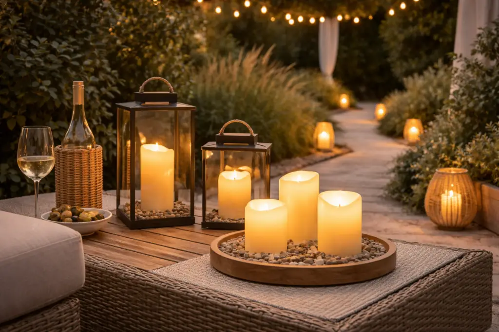 Gemütlicher Gartenbereich am Abend mit warm leuchtenden LED-Kerzen in Glaslaternen auf einem Holztisch, ergänzt durch weitere Lichter entlang eines Gartenwegs, umgeben von Pflanzen und stimmungsvoller Beleuchtung.
