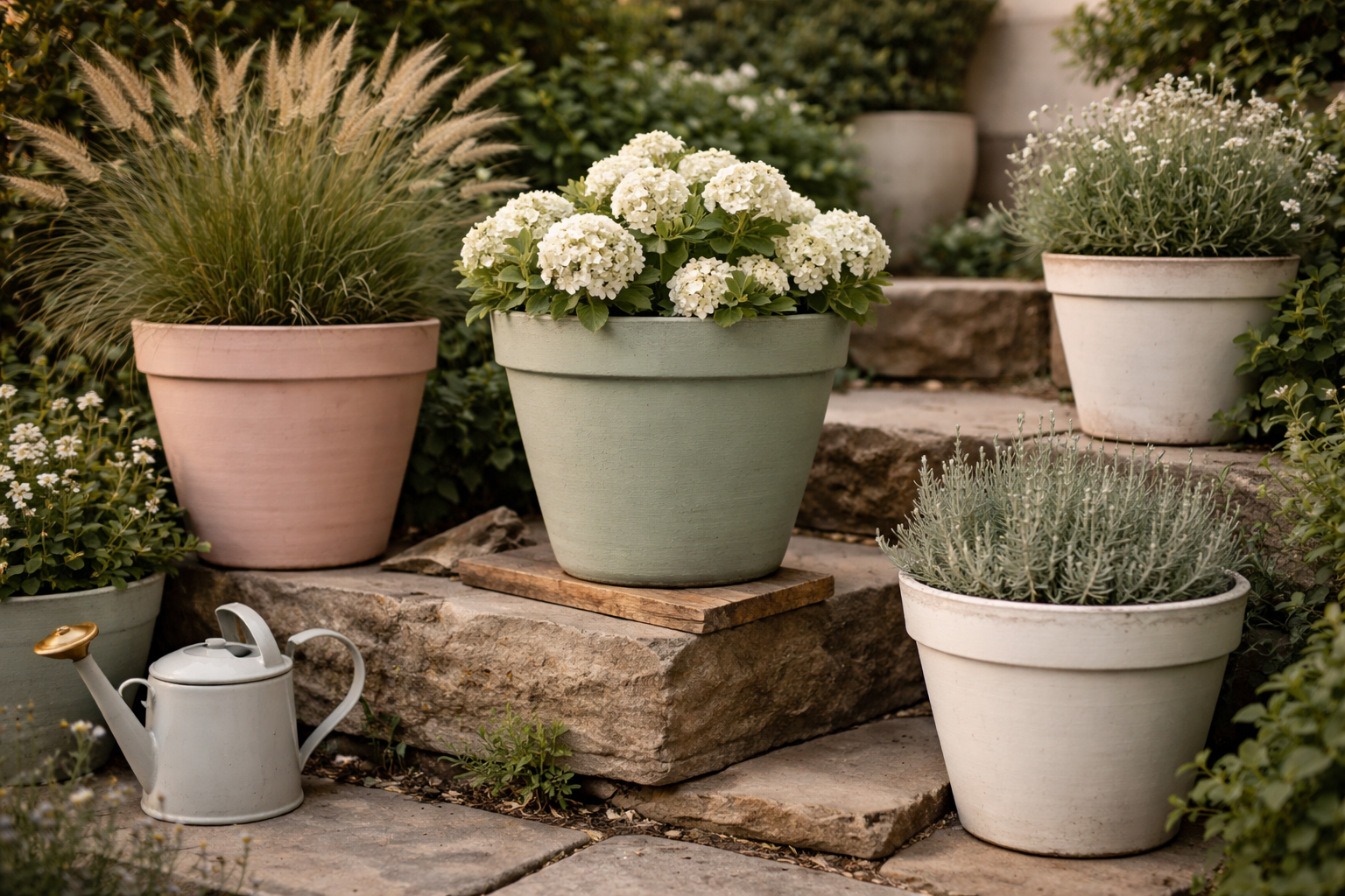 Mehrere neu gestaltete Terrakotta-Töpfe in Salbeigrün, Creme und pudrigem Rosé mit leicht angeschliffenen Kanten, bepflanzt mit Gräsern und weißen Blüten, dekorativ auf Stein und Holz arrangiert im natürlichen Gartenlicht.