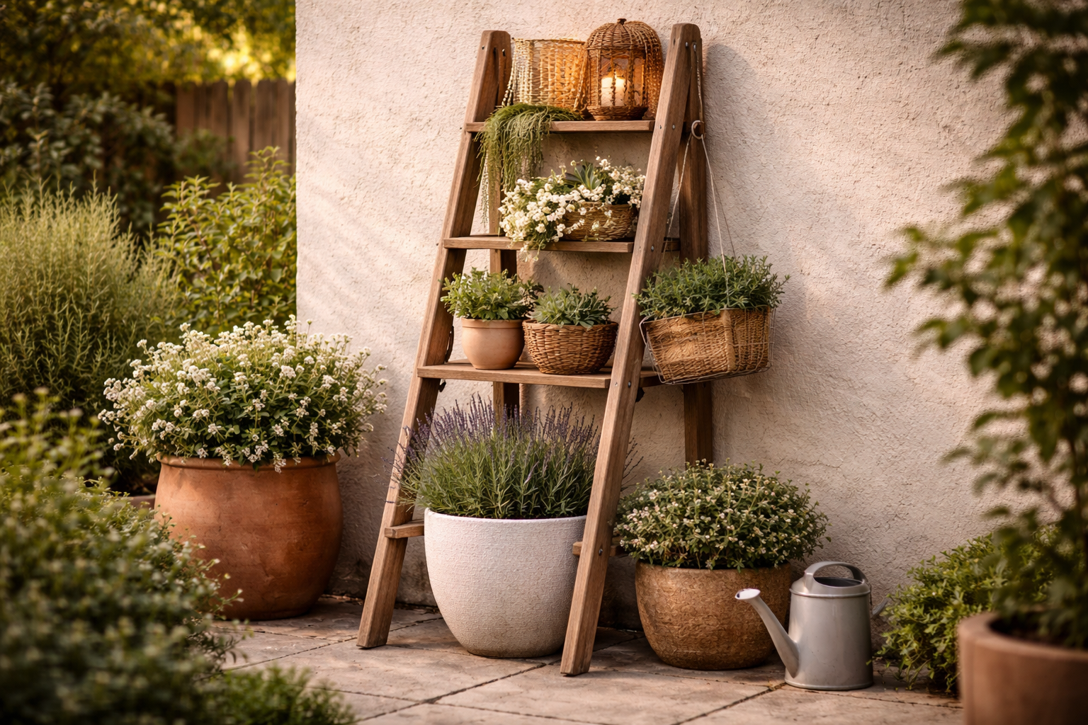 Dekorative Garten-Ecke mit einer umfunktionierten Holzleiter als Pflanzenregal. Auf den einzelnen Sprossen stehen verschiedene Blumentöpfe und Körbe mit Kräutern und Grünpflanzen, ergänzt durch ein Windlicht im oberen Bereich. Die Kombination aus warmem Holz, unterschiedlichen Höhen und natürlichen Materialien schafft eine stilvolle, platzsparende Outdoor-Deko mit DIY-Charakter.