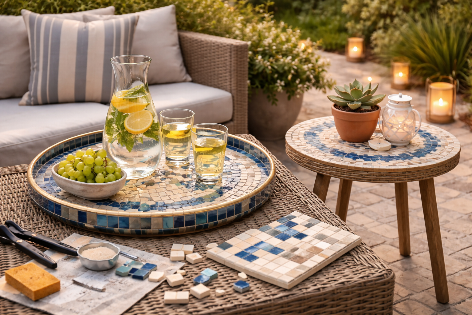 DIY-Mosaiktablett und kleiner Beistelltisch in Creme-, Sand- und Blautönen auf einer Terrasse, dekoriert mit Getränken und Pflanzen, umgeben von warmem Licht und gemütlicher Gartenatmosphäre.