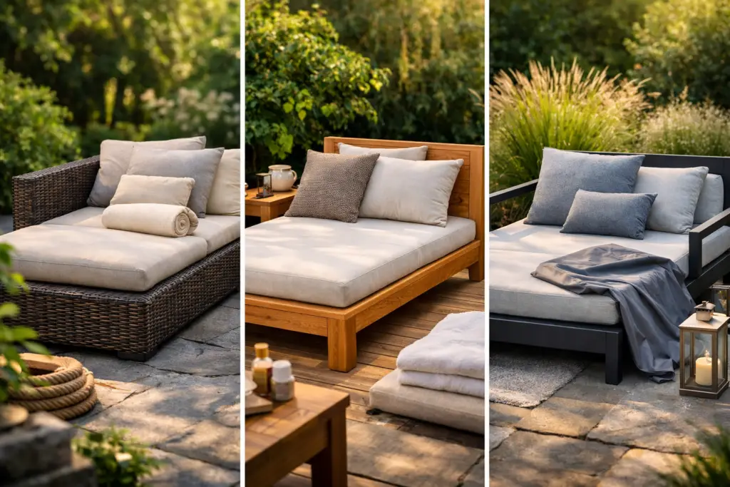 **Alt Text:**
Hyperrealistische Garten-Szene mit drei verschiedenen Daybeds aus unterschiedlichen Materialien. Links ein Polyrattan-Daybed mit hellen Outdoor-Polstern, in der Mitte ein massives Holz-Daybed auf einer Holzterrasse und rechts ein modernes Metall-Daybed mit grauen Kissen. Umgeben von üppigen Pflanzen, warmem Abendlicht und ruhiger, stilvoller Gartenatmosphäre.
