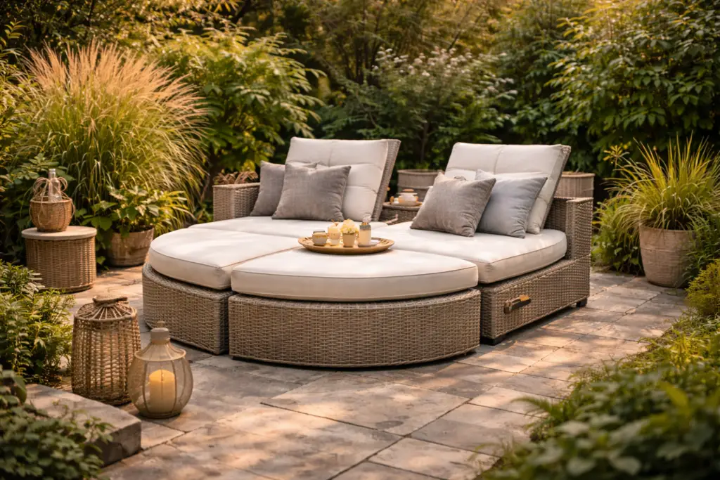 
Hyperrealistisches Gartenbild mit einem modularen runden Daybed aus hellem Polyrattan und cremefarbenen Outdoor-Polstern. Die Rückenlehnen sind verstellbar und das Daybed besteht aus mehreren Elementen. Umgeben von üppigen Pflanzen, Ziergräsern und warmem Abendlicht auf einer modernen Steinterrasse.
