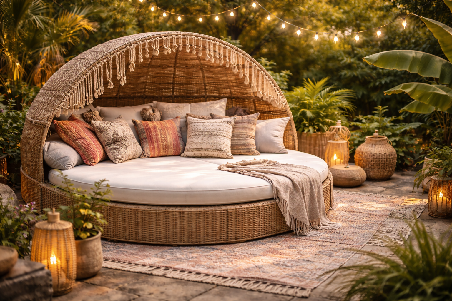 Hyperrealistisches Boho-Daybed aus hellem Rattan mit rundem Dach und Makramee-Fransen in einem üppig bepflanzten Garten. Das Daybed ist mit vielen Kissen in warmen Erdtönen und Ethno-Mustern dekoriert, umgeben von Teppichen, Laternen und einer Lichterkette, die eine gemütliche Boho-Atmosphäre im Abendlicht schafft.