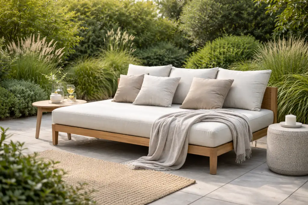 Minimalistisches skandinavisches Garten-Daybed mit hellem Holzrahmen, cremefarbenen Polstern und neutralen Kissen auf einer modernen Terrasse, umgeben von Gräsern und ruhiger Gartenlandschaft.