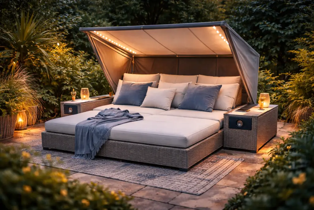 Modernes Garten-Daybed mit integriertem LED-Licht im Dach, seitlichen Ablageflächen mit eingebauten Lautsprechern und warm beleuchteten Lampen. Das große Daybed mit hellen Outdoor-Polstern steht auf einer Steinterrasse, umgeben von Pflanzen und sanfter Abendbeleuchtung in einem stilvollen Garten.