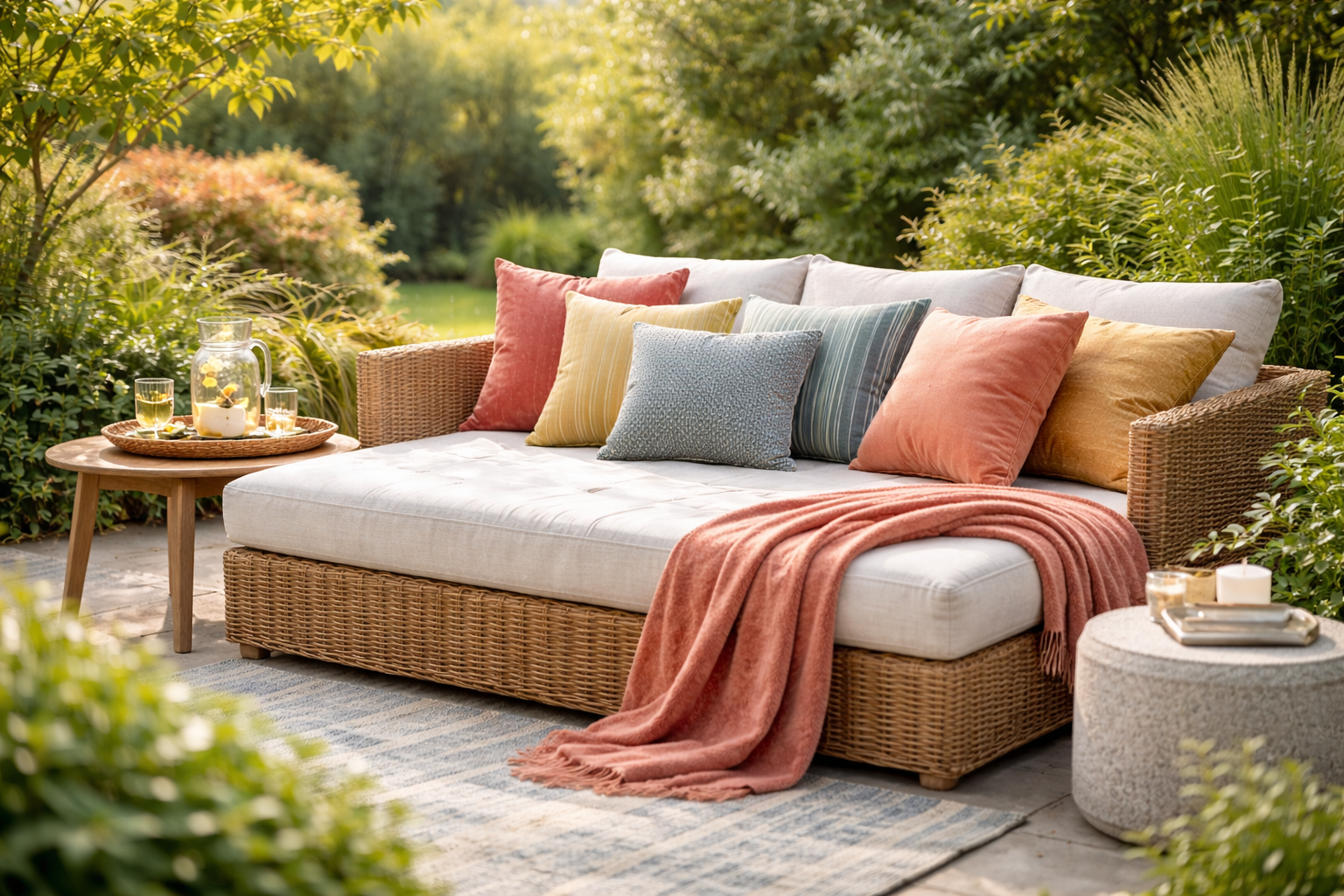 Gemütliches Garten-Daybed aus Rattan mit dicker heller Auflage, vielen bunten Outdoor-Kissen in warmen Farben und weicher Decke, dekoriert auf einer Terrasse im grünen Garten.