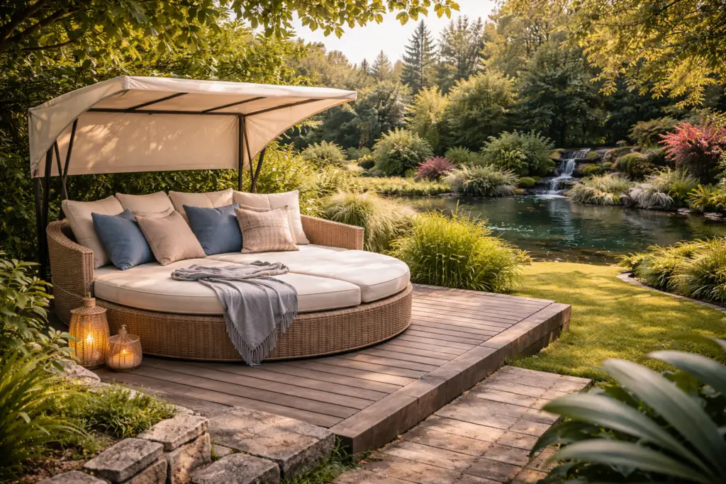 Hyperrealistisches Garten-Daybed aus hellem Rattan mit cremefarbenen Polstern auf einer Holzterrasse, teilweise im Schatten eines Baumes. Das Daybed ist so platziert, dass es den Blick über einen gepflegten Garten mit Teich und Wasserfall freigibt und eine ruhige, entspannte Outdoor-Atmosphäre schafft.