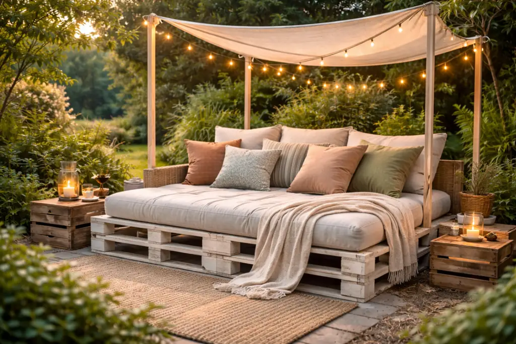 DIY Garten-Daybed aus hellen Holzpaletten mit dicker Matratze, vielen Kissen in Naturfarben und Stoff-Sonnendach mit Lichterkette, dekoriert mit Laternen und Pflanzen in gemütlicher Gartenatmosphäre.