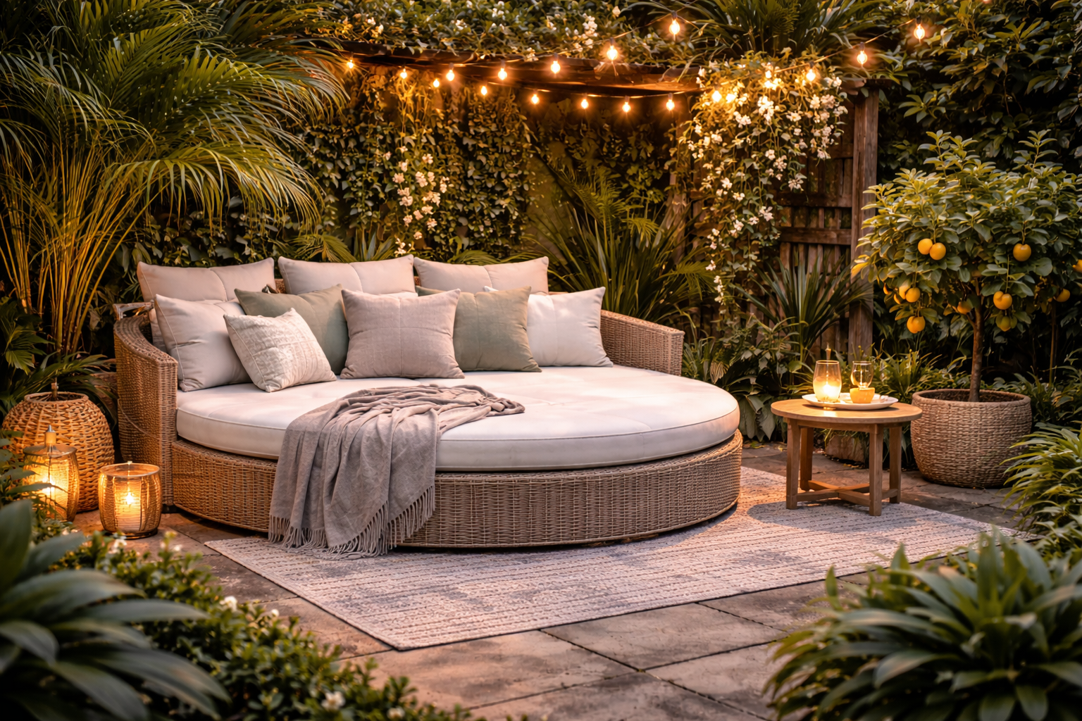 Hyperrealistisches Garten-Daybed aus hellem Rattan mit großen beigen Outdoor-Polstern, platziert auf einem Outdoor-Teppich und umgeben von üppigen Pflanzen wie Palmen und Zitronenbaum. Lichterketten, Laternen und ein kleiner Holztisch mit Getränken schaffen eine gemütliche Atmosphäre im grünen Garten. 🌿