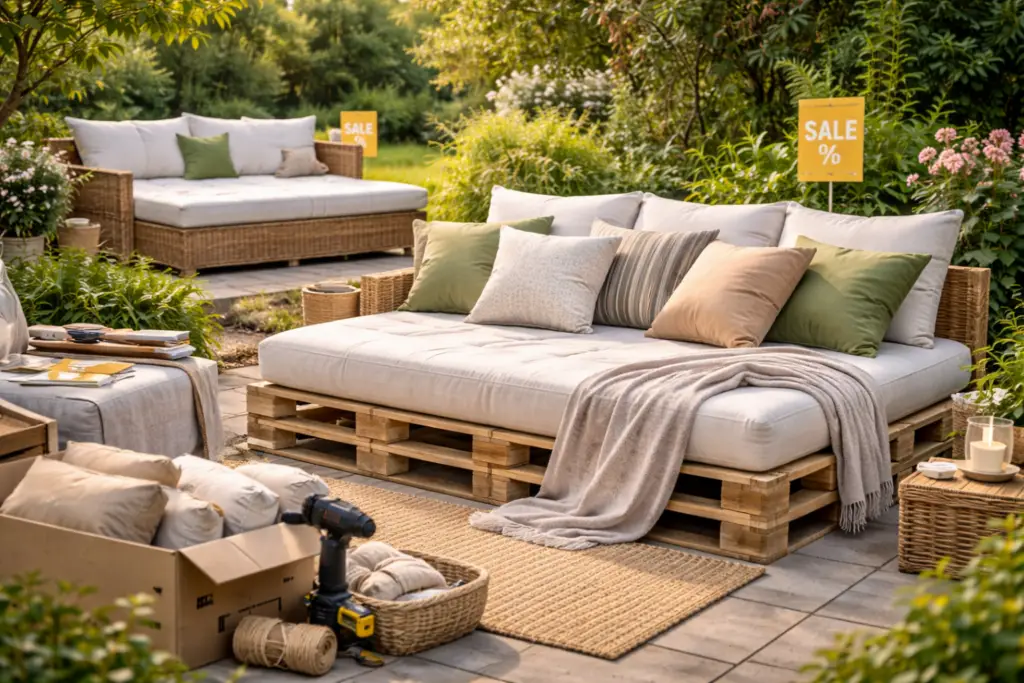 Hyperrealistisches Garten-Daybed aus hellem Rattan mit großen beigen Outdoor-Polstern, platziert auf einem Outdoor-Teppich und umgeben von üppigen Pflanzen wie Palmen und Zitronenbaum. Lichterketten, Laternen und ein kleiner Holztisch mit Getränken schaffen eine gemütliche Atmosphäre im grünen Garten. 🌿